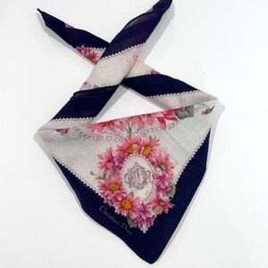 WOMEN HANDKERCHIEF CHRISTIAN DIOR Pink Purple Floral Mini Scarf COTTON 18”
